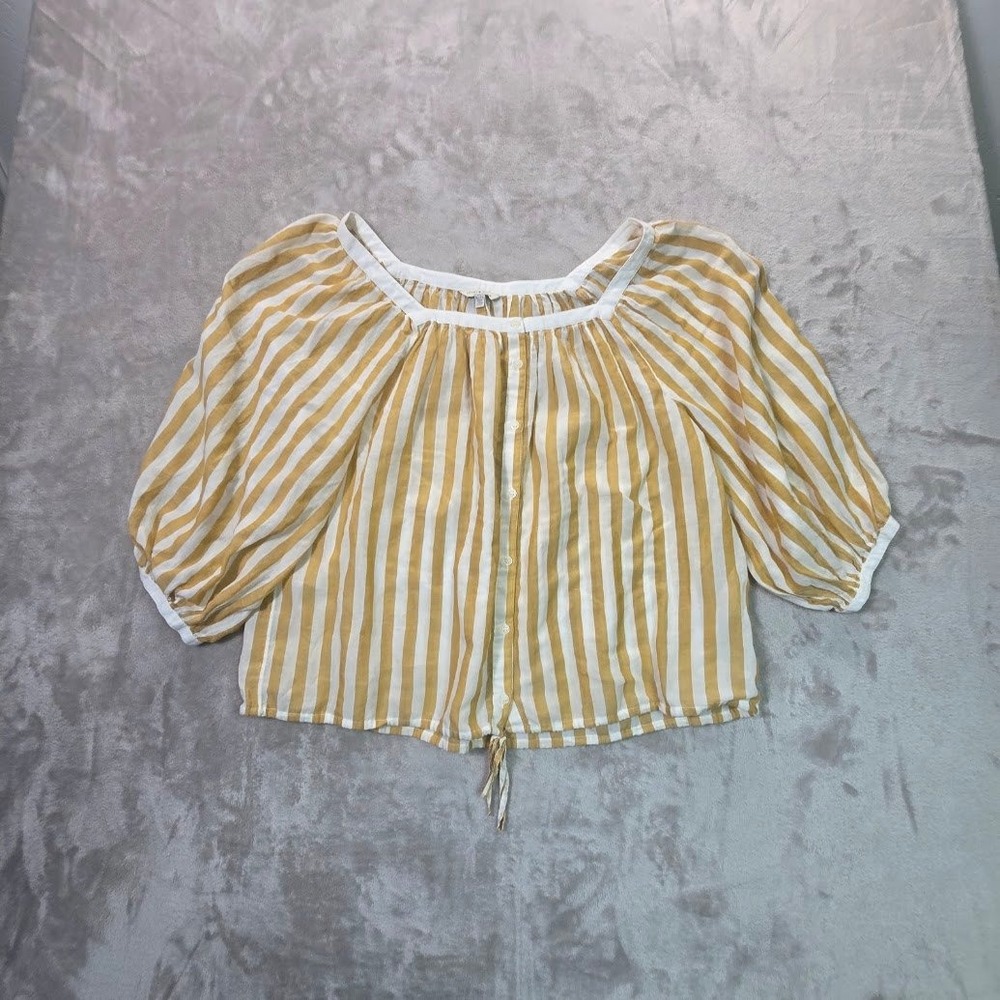 Lucky Brand XL Yellow White Striped Puff Sleeve Button Front Tie Hem Blouse